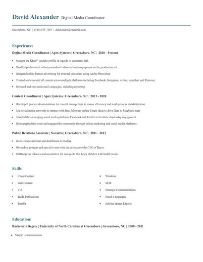 Digital Media Coordinator Resume