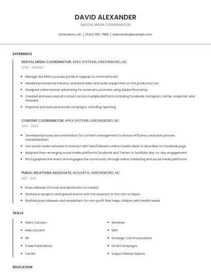 Digital Media Coordinator Resume