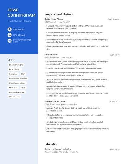 Digital Media Planner Resume