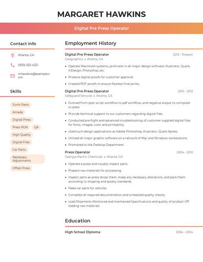 Digital Pre Press Operator Resume