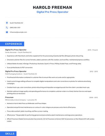 Digital Pre Press Operator Resume