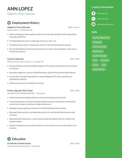Digital Pre Press Operator Resume
