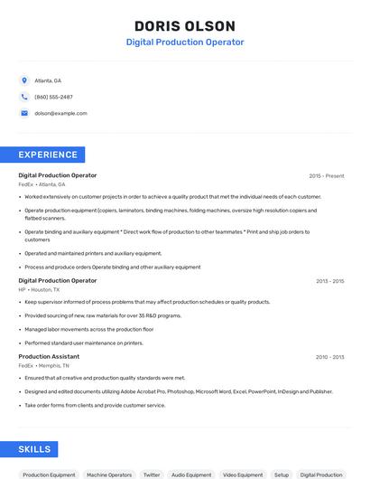 Digital Production Operator Resume