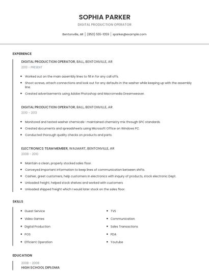 Digital Production Operator Resume