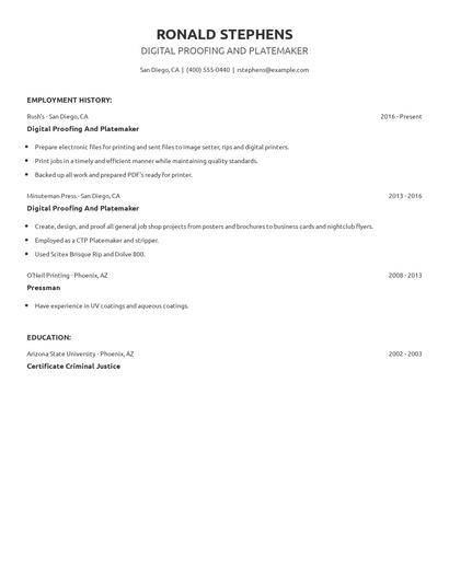 Digital Proofing And Platemaker Resume