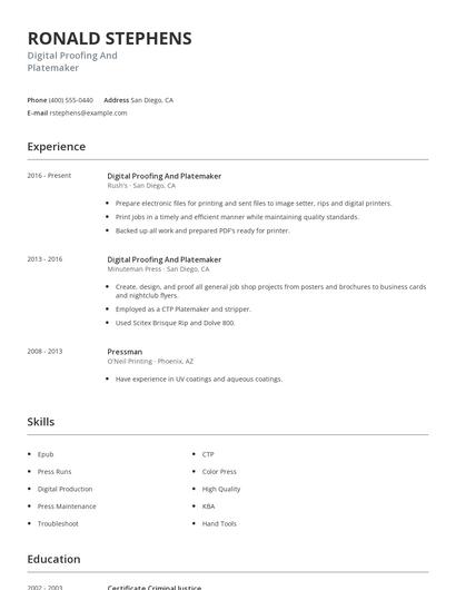 Digital Proofing And Platemaker Resume