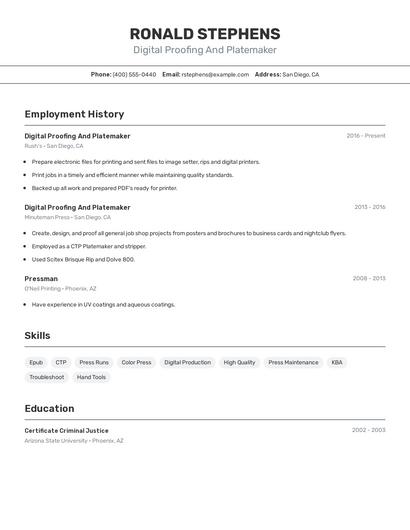 Digital Proofing And Platemaker Resume