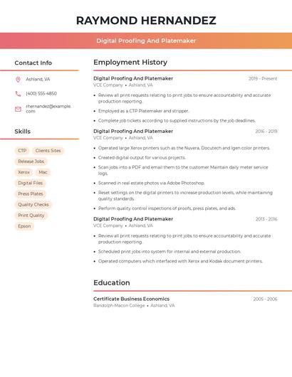 Digital Proofing And Platemaker Resume