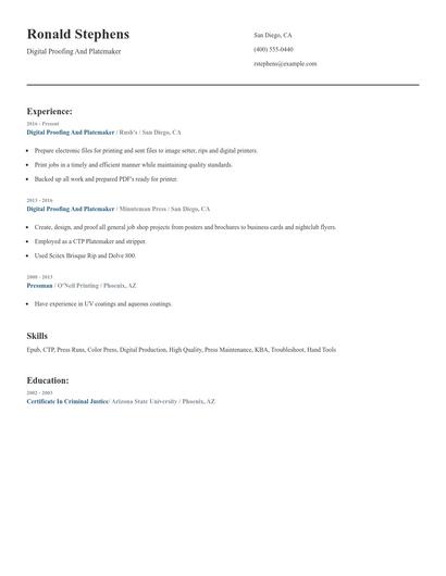 Digital Proofing And Platemaker Resume
