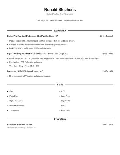 Digital Proofing And Platemaker Resume