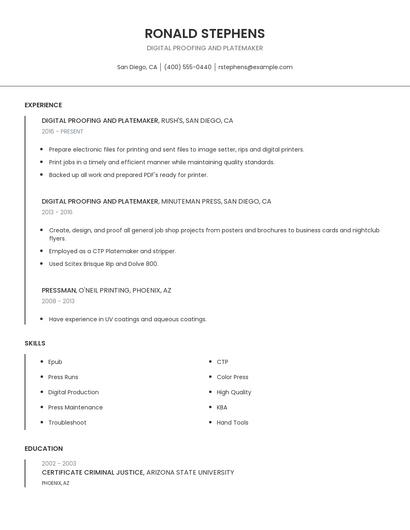 Digital Proofing And Platemaker Resume