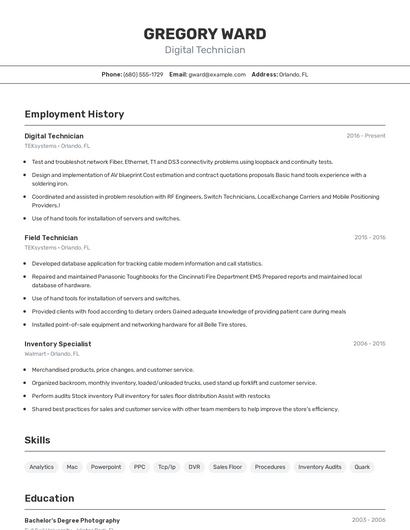 Digital Technician Resume