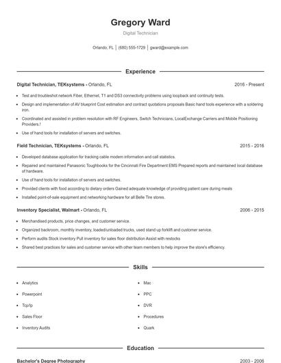 Digital Technician Resume