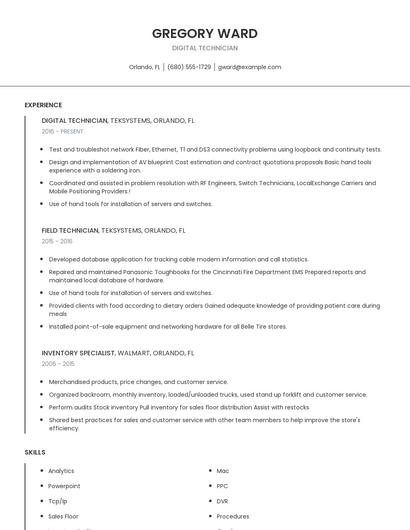Digital Technician Resume