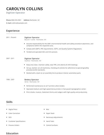Digitizer Operator Resume