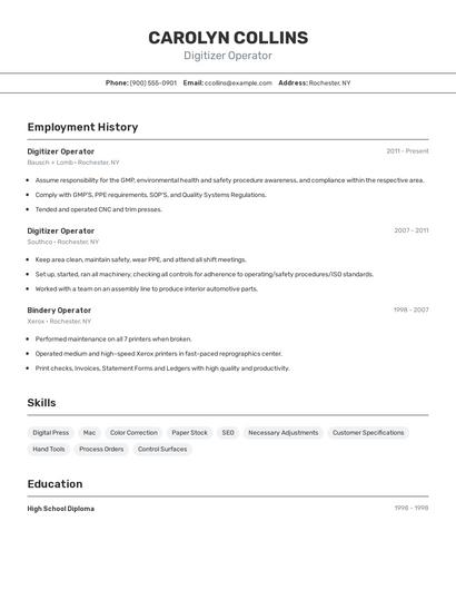 Digitizer Operator Resume