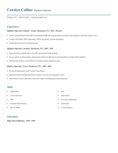 Digitizer Operator Resume