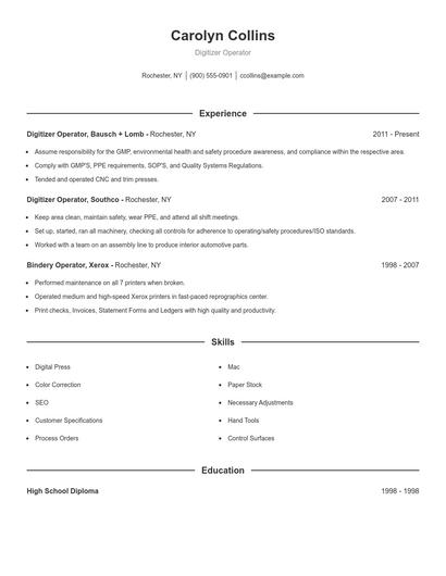 Digitizer Operator Resume
