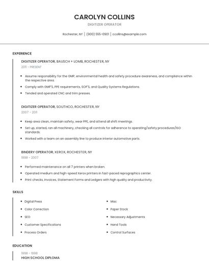 Digitizer Operator Resume