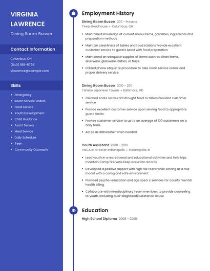 Dining Room Busser Resume