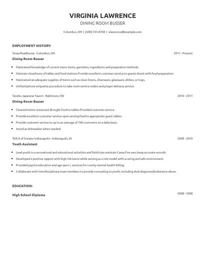 Dining Room Busser Resume