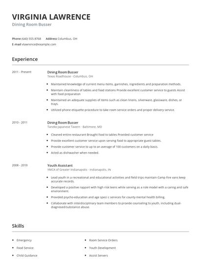 Dining Room Busser Resume