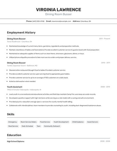 Dining Room Busser Resume