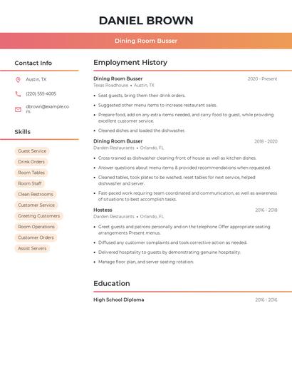 Dining Room Busser Resume