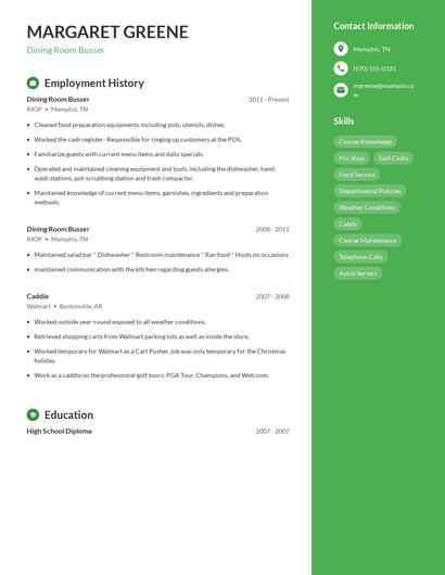 Dining Room Busser Resume
