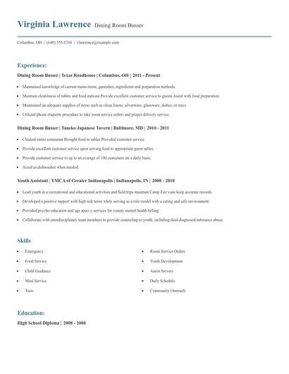 Dining Room Busser Resume