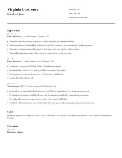 Dining Room Busser Resume