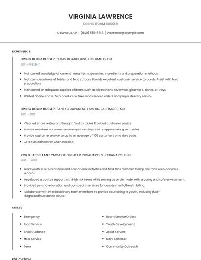 Dining Room Busser Resume