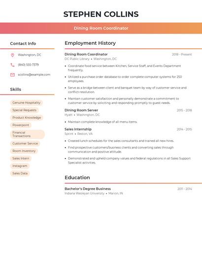 Dining Room Coordinator Resume