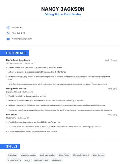 Dining Room Coordinator Resume