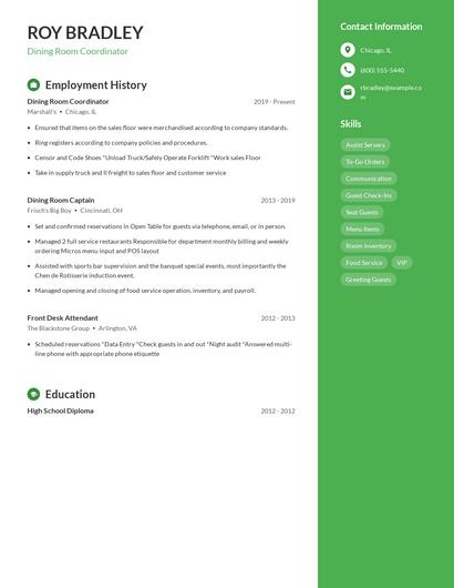 Dining Room Coordinator Resume