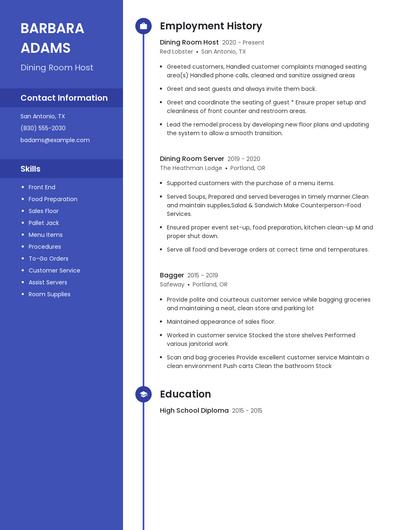 Dining Room Host Resume