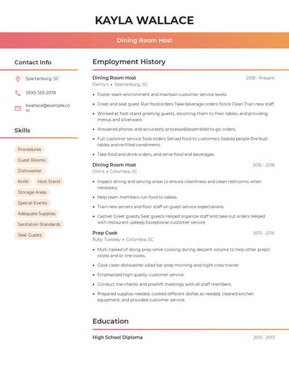 Dining Room Host Resume