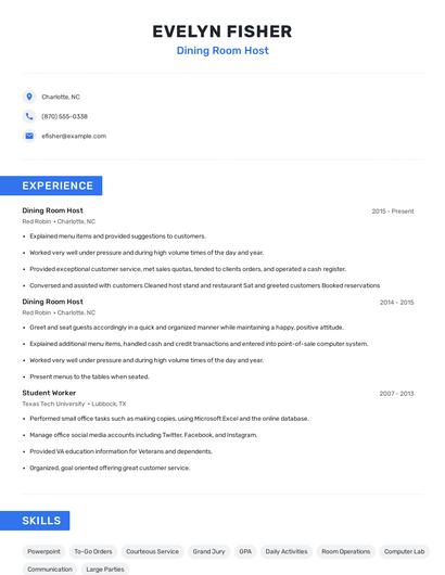 Dining Room Host Resume