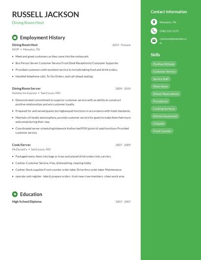 Dining Room Host Resume