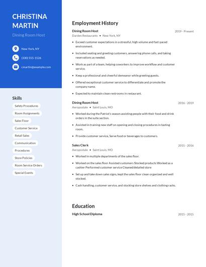 Dining Room Host Resume