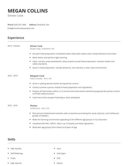 Dinner Cook Resume