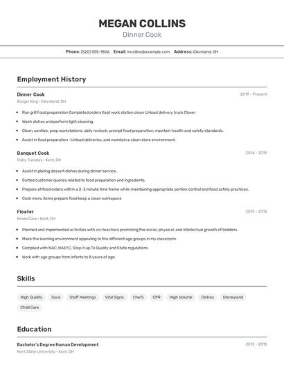 Dinner Cook Resume