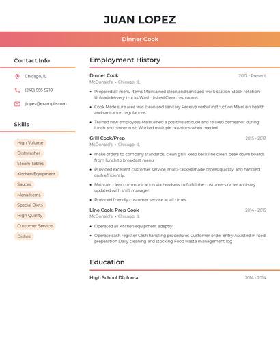 Dinner Cook Resume