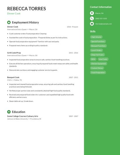 Dinner Cook Resume