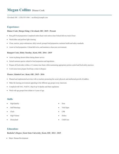 Dinner Cook Resume