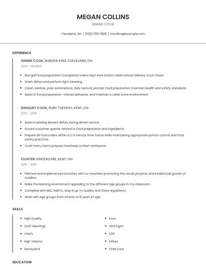 Dinner Cook Resume