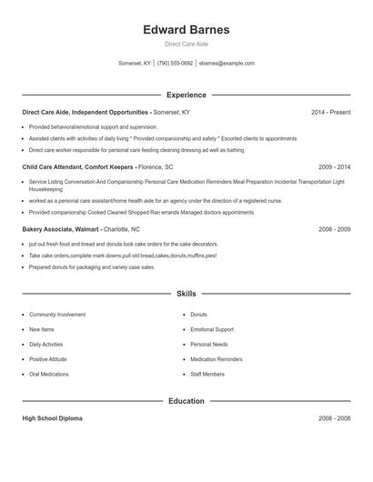 Direct Care Aide Resume