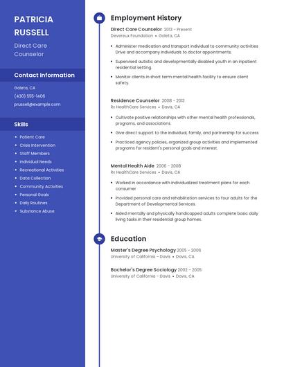 Direct Care Counselor Resume