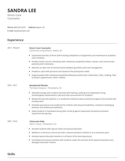 Direct Care Counselor Resume