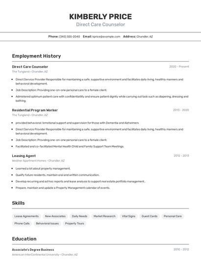 Direct Care Counselor Resume